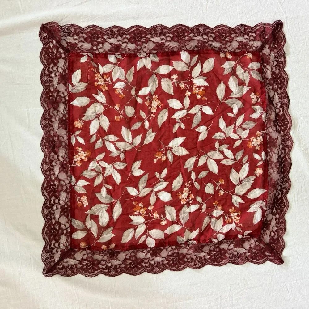Pierre Balmain Paris Scarf Red Floral Lace Trim Cotton Nylon Vintage Japan Luxe